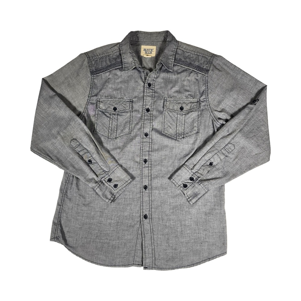 Rustic Blue Mens Chambray Button Down‎ Shirt Medium M Gray Long Sleeve Pockets